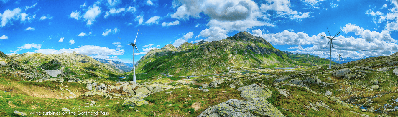 Wind turbines produce sustainable energy on the Gotthard Pass in the Greater Zurich Area