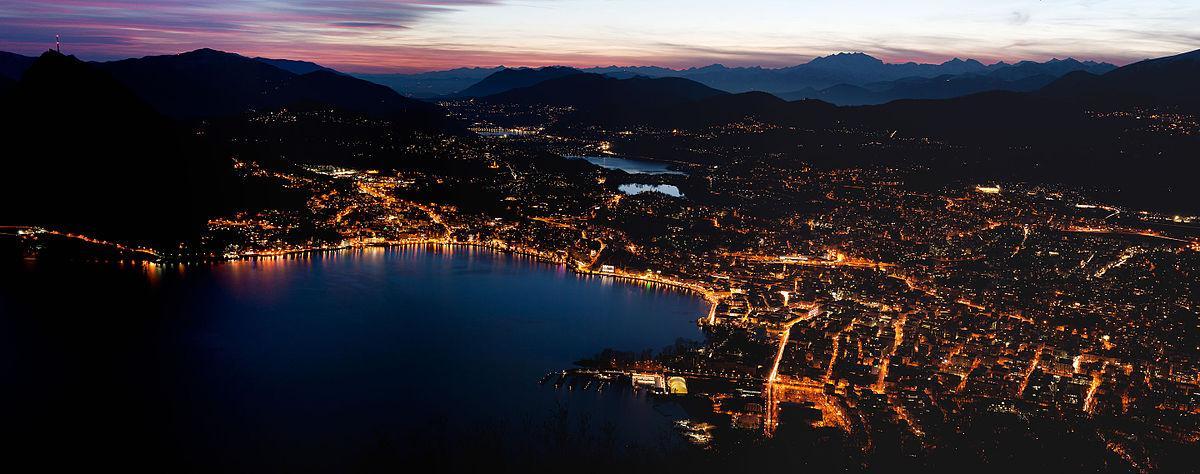 Panorama of Lugano in Greater Zurich at sunset