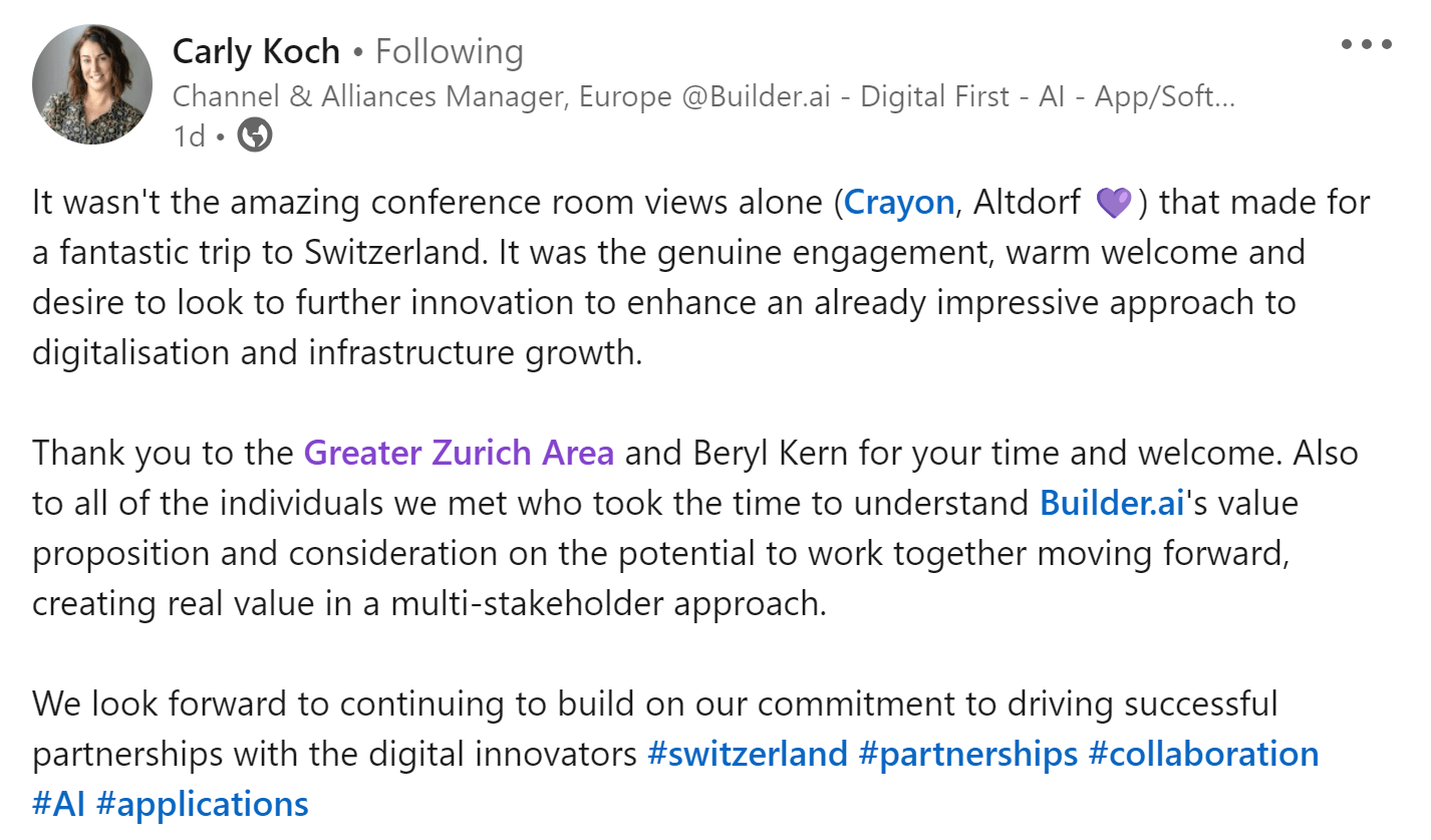Builder.ai gives positive feedback on their site visit to the Greater Zurich Area